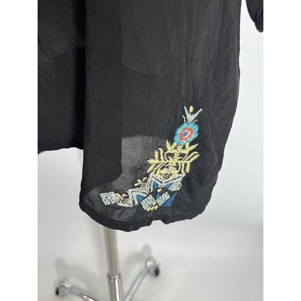 Johnny Was Black Floral Embroidered Tunic Top Small Crinkled Cupra Rayon Boho - Picture 9 of 16